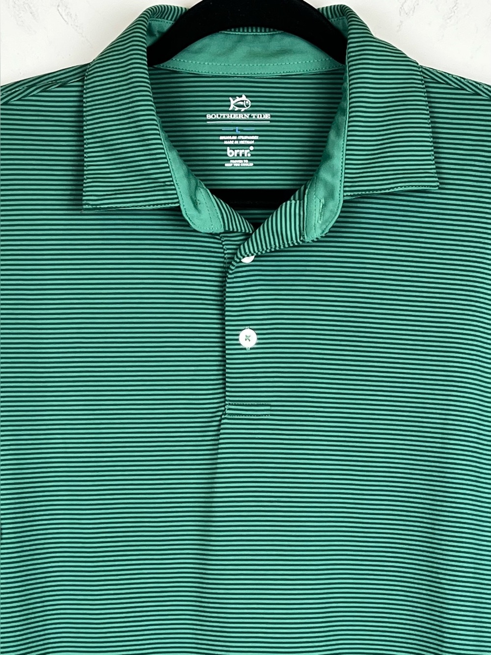 Southern Tide brrr° Meadowbrook Stripe Polo Shirt Performance Green Fir L Large